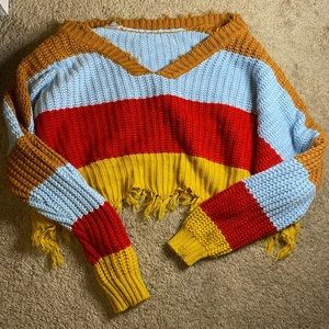 Frayed Stripped Multicolored Knitted Sweater